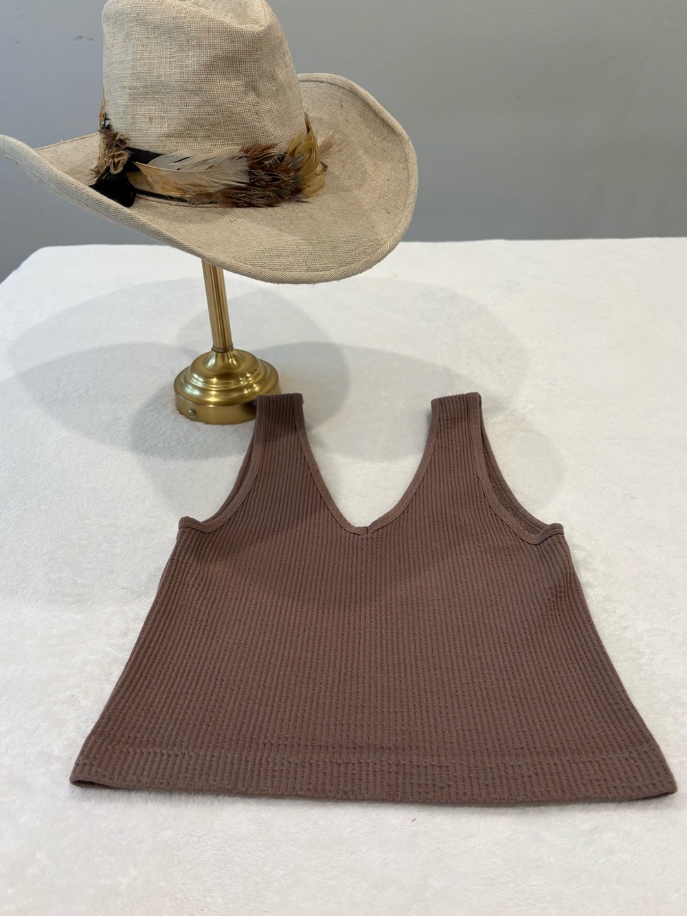 By Together Brown Ribbed Cropped Tank Top Boutique Boho Western Size S